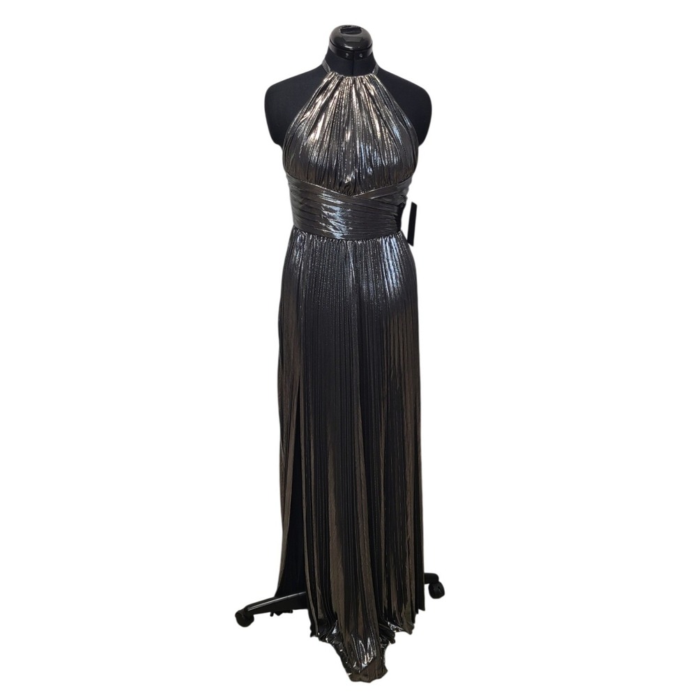 RETROFETE Reiss Ruched Pleated Halter Neck Metallic Gunmetal Maxi Dress Size S